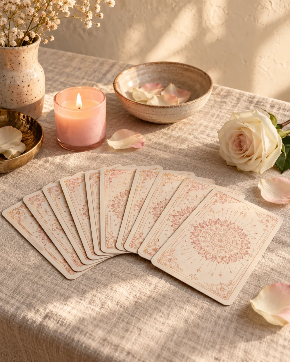 Cartas de tarô com mandalas sobre linho bege, ao lado de uma vela rosa e uma rosa branca.